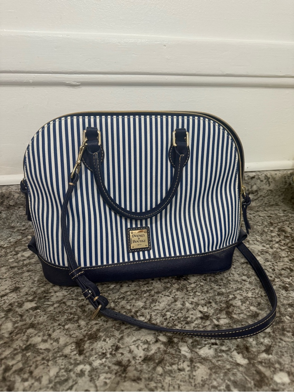 Dooney & Bourke Navy & White Striped Dome Satchel with Navy Trim